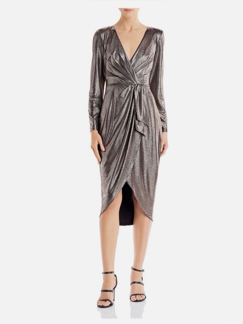 Aidan Mattox Metallic Faux Wrap Cocktail Dress with Tulip Skirt